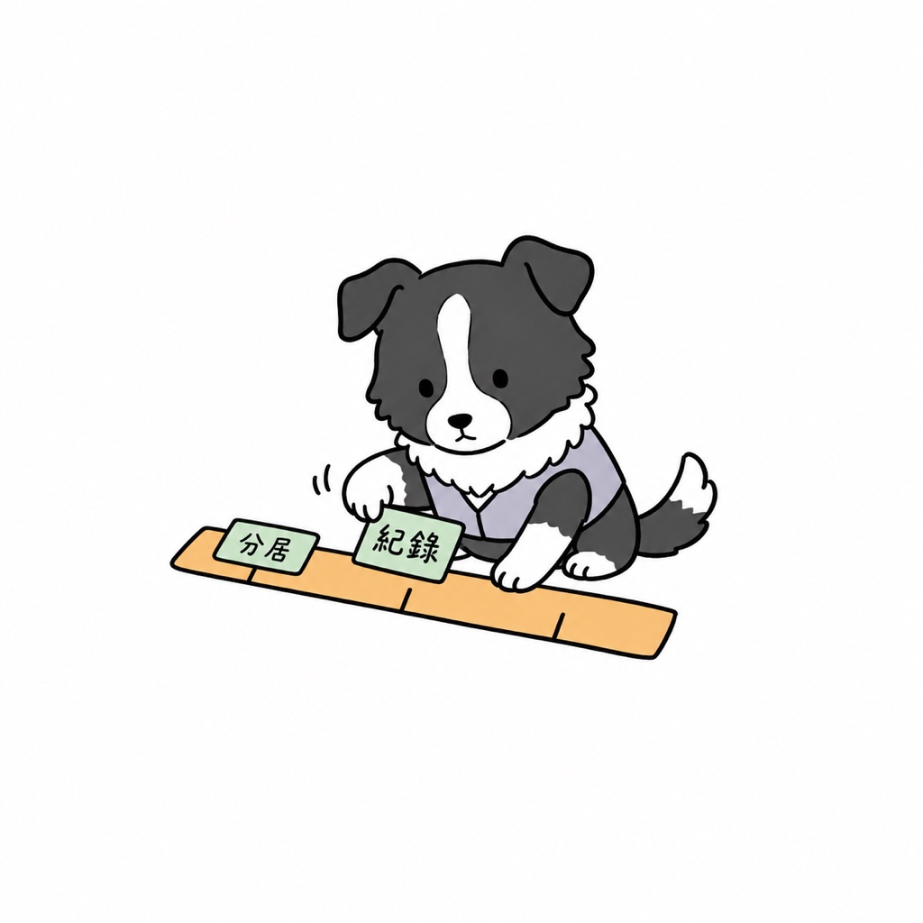 邊境牧羊犬在橘色時間軸上整理分居與往來紀錄,示意分居離婚資料準備